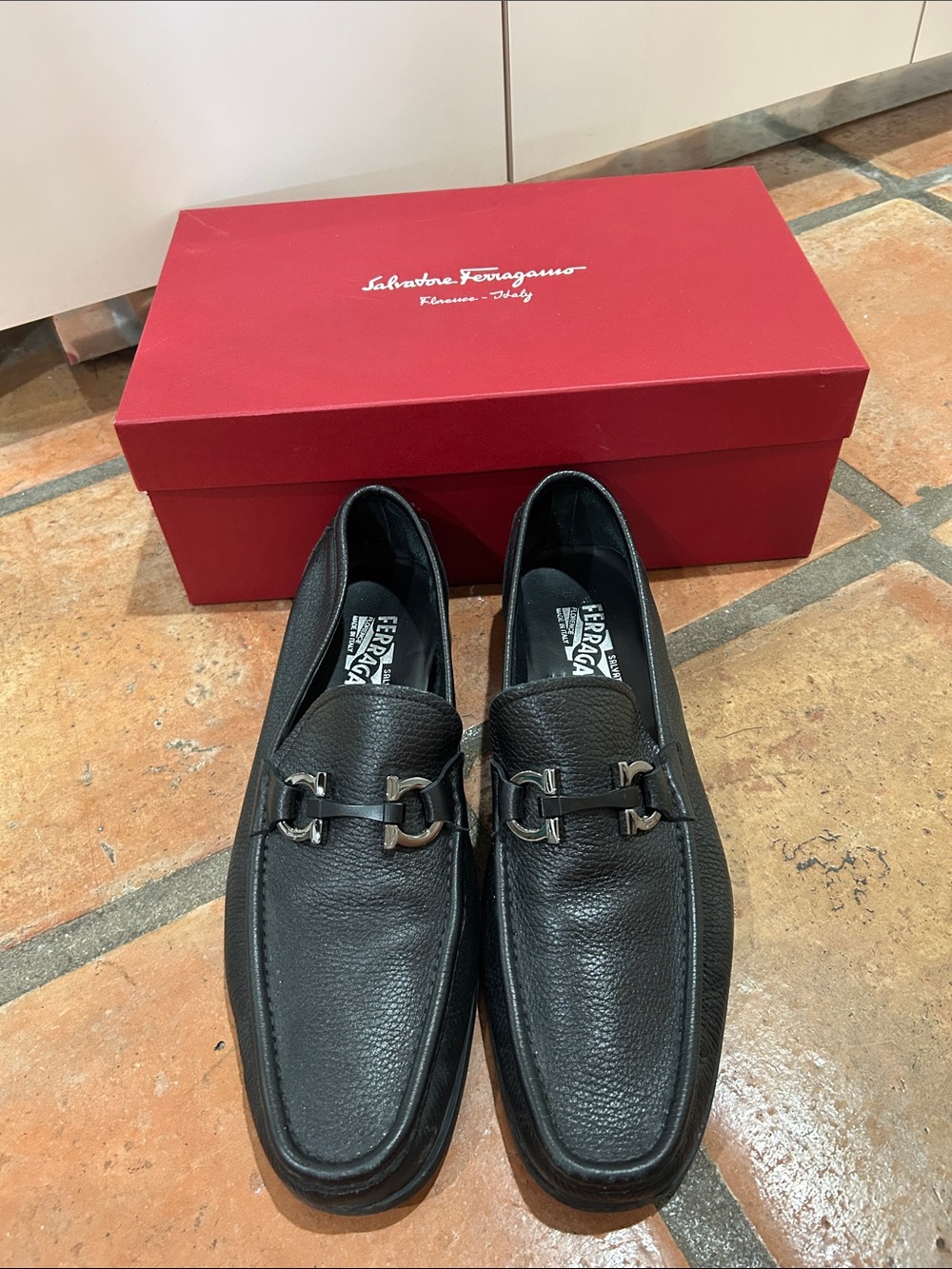 Salvatore Ferragamo Black Pebbled Leather Bit Loafers in very good condition